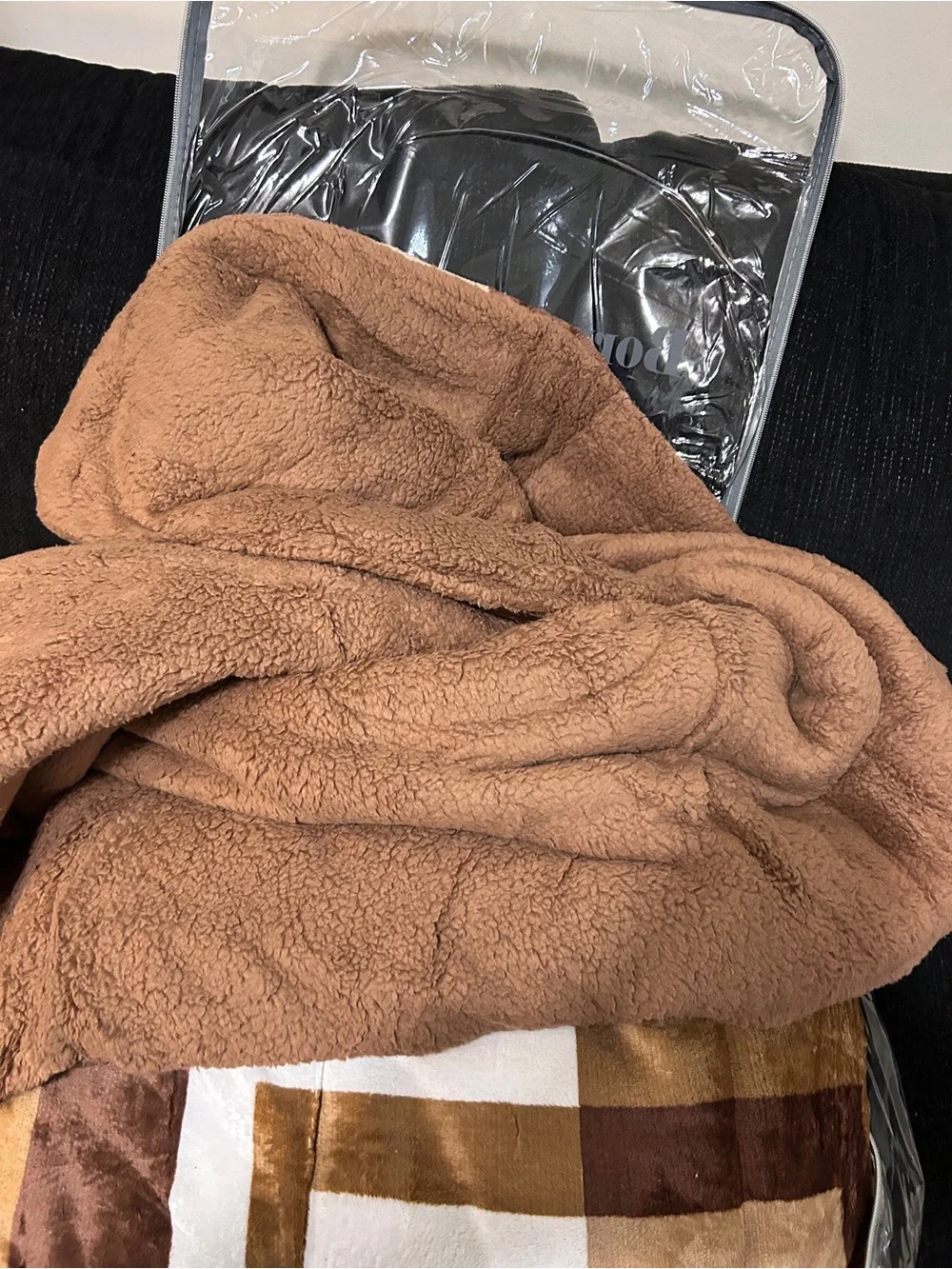 Flannel Borrego Blanket Set - Brown Plaid, 6pc